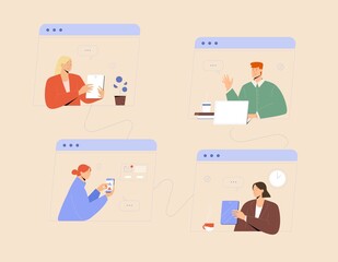 Video call, online business meeting. Remote work during quarantine. Vector illustration of people using different devices