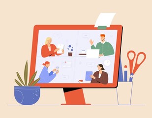 Video call, online business meeting concept. Remote work during quarantine. Vector illustration