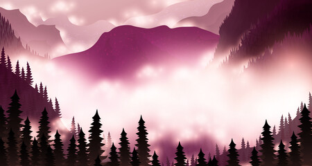 Beautiful purple landscape with white fog, mountains, dark pink forest, trees, pines, firs, sky and clouds. Vector illustration for postcard greeting card, banner, decor, design, arts.