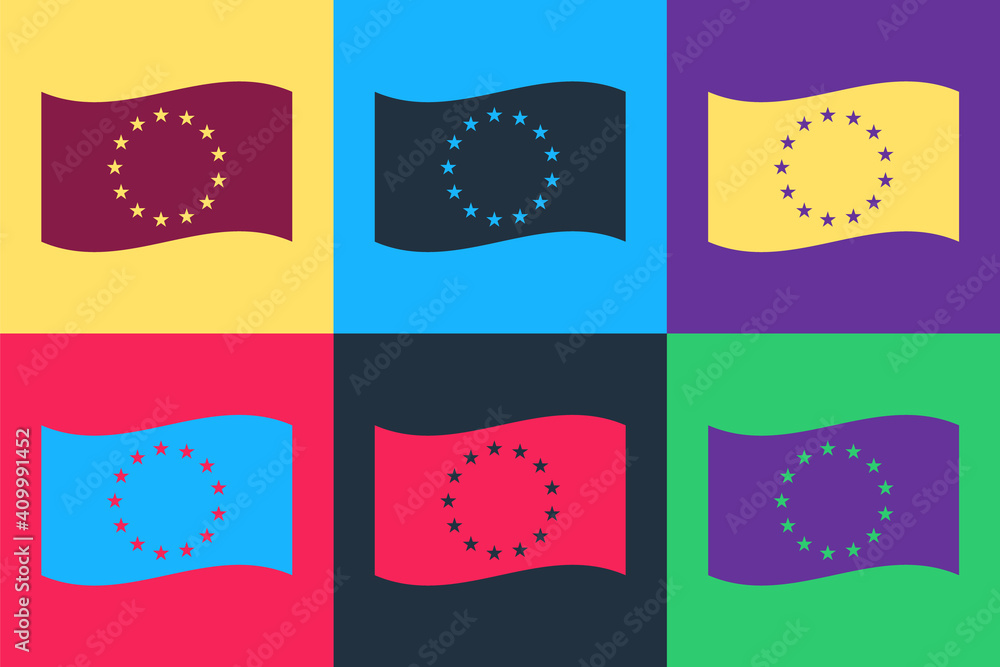 Poster pop art flag of european union icon isolated on color background. eu circle symbol. waving eu flag. 