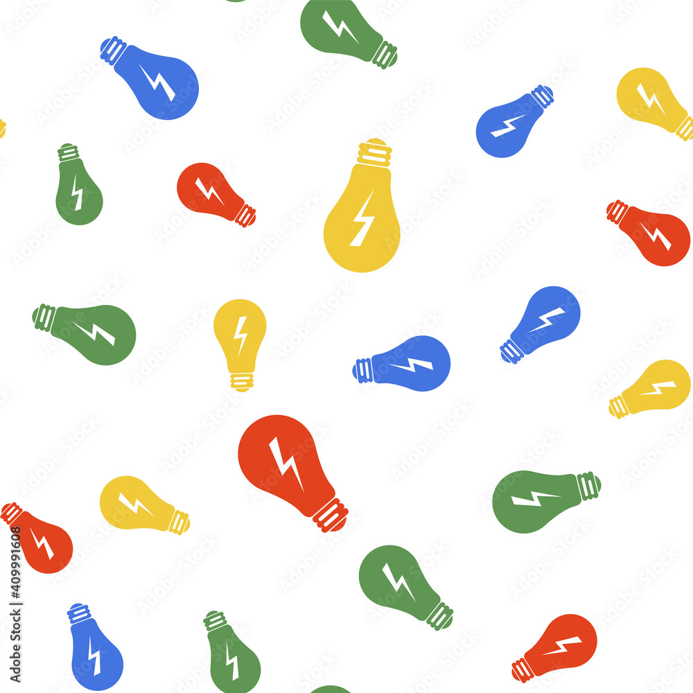 Poster color light lamp sign. bulb with lightning symbol icon isolated seamless pattern on white background