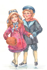 Christmas picture with boy and girl ice skating in vintage 19th century style isolated on white background.