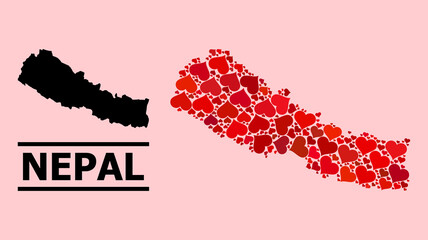 Love collage and solid map of Nepal on a pink background. Collage map of Nepal created with red love hearts. Vector flat illustration for marriage abstract illustrations.