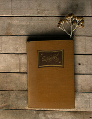 Libro de teatro antiguo abierto sobre un soporte de madera con un tallo de flor que emerge desde el...