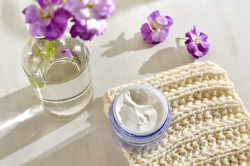 Beautiful beauty composition with face cream and cosmetic products. Close up of beauty handmade cosmetic concept