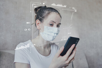 The concept of identifying the health of a person on self-isolation through biometric technologies scanning eyes using a phone. Covid-19 quarantine.