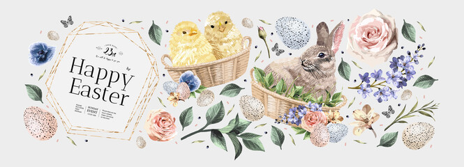 Naklejki  Wesołego Alleluja! Ilustracje wektorowe akwarela ładny króliczek, pisklę, kwiaty, rośliny i pozdrowienie ramki. Zdjęcia i przedmioty na plakat, zaproszenie, pocztówkę lub tło