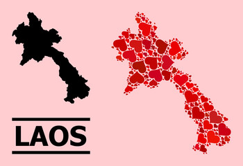 Love collage and solid map of Laos on a pink background. Collage map of Laos composed with red lovely hearts. Vector flat illustration for love abstract illustrations.