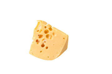 Semicircular piece of hard cheese on a white background