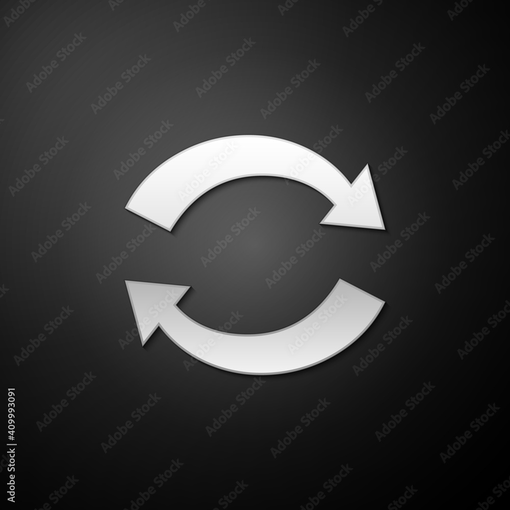 Poster silver refresh icon isolated on black background. reload symbol. rotation arrows in a circle sign. l