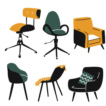 Armchairs set, compy sofa and office chair. Different types of sitting places. Modern design, simple doodle vector illustrations.