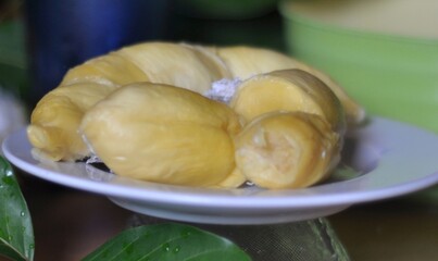 Durian fruit flesh on a white plate