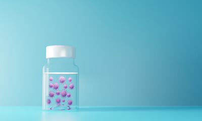 Glass bottle vial of covid-19 vaccine.3D render of a glass medical ampoule with an antiviral drug. Illustration of a digital image for medicine.