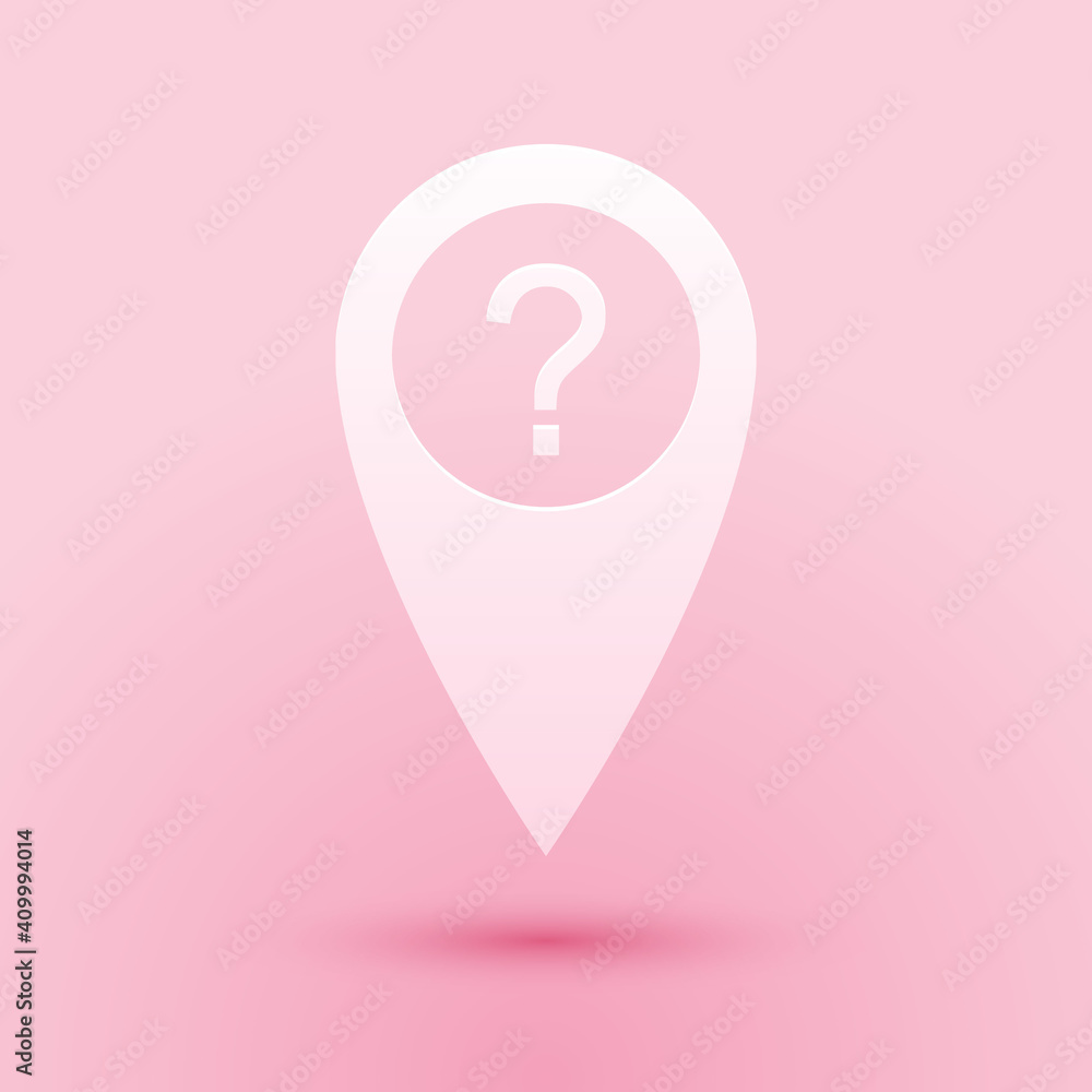 Fototapete paper cut map pointer with question symbol icon isolated on pink background. marker location sign. f