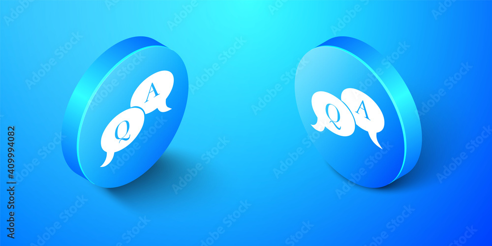 Aufkleber isometric question and answer mark in speech bubble icon isolated on blue background. q and a symbol