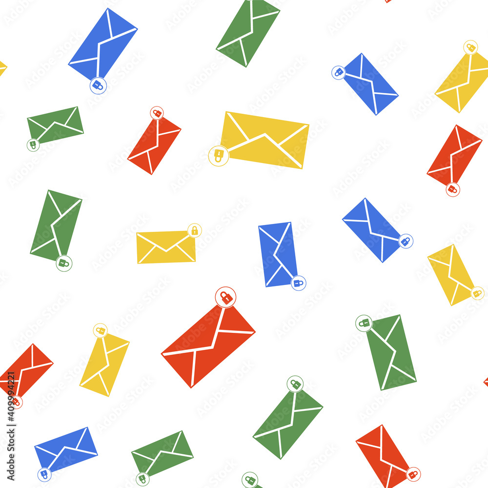 Poster color email message lock password icon isolated seamless pattern on white background. envelope with 
