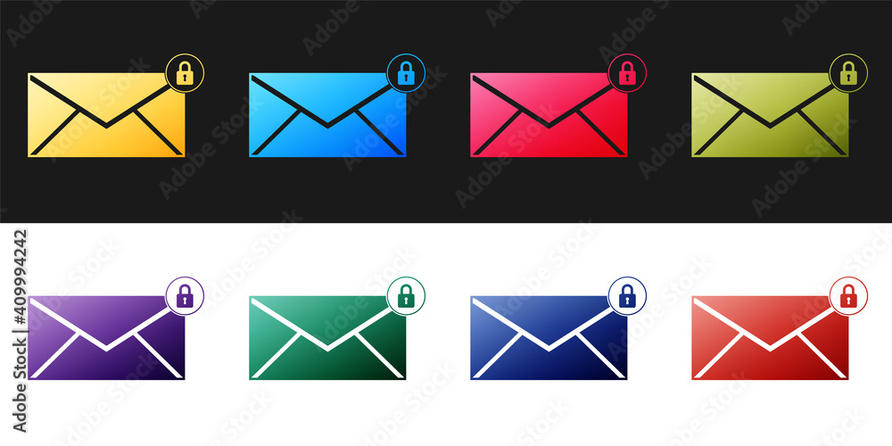 Poster set email message lock password icon isolated on black and white background. envelope with padlock. 