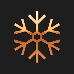Gold Snowflake icon isolated on black background. Long shadow style. Vector.