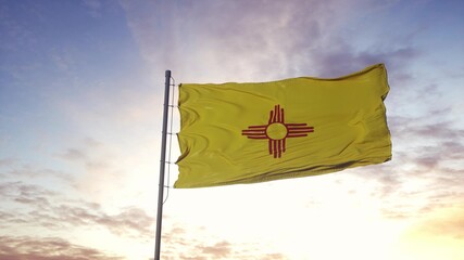 State flag of New Mexico waving in the wind. Dramatic sky background. 3d illustration