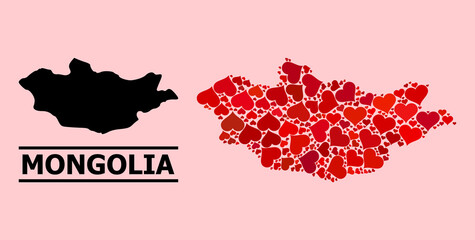 Love mosaic and solid map of Mongolia on a pink background. Mosaic map of Mongolia is created with red hearts. Vector flat illustration for love concept illustrations.