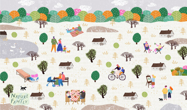 People in the park. Vector illustration of people having a rest on a picnic in nature. Drawing by hand active family weekend in the forest by the lake with a barbecue,  walks.Top view