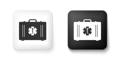 Black and white First aid kit and Medical symbol of the Emergency - Star of Life icon isolated on white background. Medical box with cross. Healthcare concept. Square button. Vector.