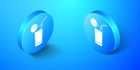 Isometric Glass of juice icon isolated on blue background. Orange slice and tube for drinking. Healthy organic food. Blue circle button. Vector.