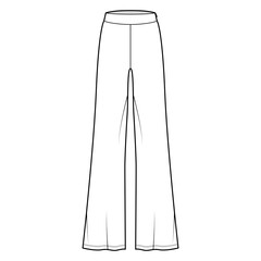Pants boot cut technical fashion illustration with floor length, oversize silhouette, side zipper. Flat sport pyjama bottom template front, white color style. Women, men, unisex CAD mockup