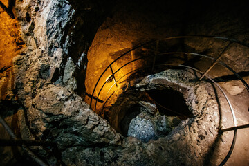 Old ancient spiral staircase in the well Tik Kuyu, in Chufut Kale, Bakhchisaray, Crimea Bakhchisarai Crimea