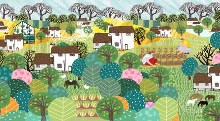 Garden, farm, nature and countryside. Vector illustration of a landscape with houses, trees, agriculture, livestock and grass. Drawing for banner, postcard or background © Ardea-studio