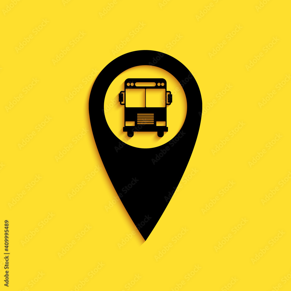 Poster black map pointer with bus icon isolated on yellow background. long shadow style. vector.