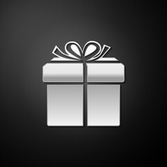 Silver Gift box icon isolated on black background. Long shadow style. Vector.
