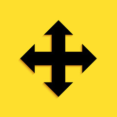 Black Arrows in four directions icon isolated on yellow background. Long shadow style. Vector.