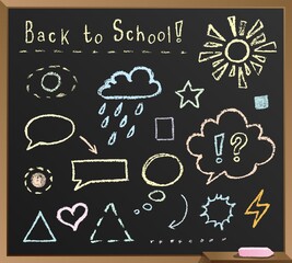 Fototapeta na wymiar Children drawings on blackboard vector background. Hand drawn sketch style kids art of speech bubbles, sun, heart, cloud and arrows