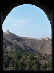 Framed panoramic view of a Great Wall of China segment
