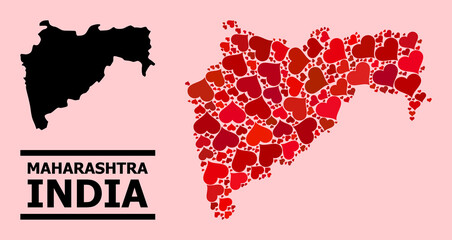 Obraz premium Love mosaic and solid map of Maharashtra State on a pink background. Mosaic map of Maharashtra State is designed with red lovely hearts. Vector flat illustration for dating concept illustrations.