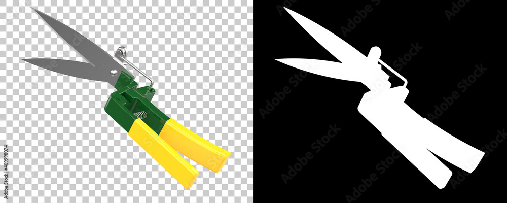 Poster gardening scissors with back three quarter view, isolated on background with mask. 3d rendering - il