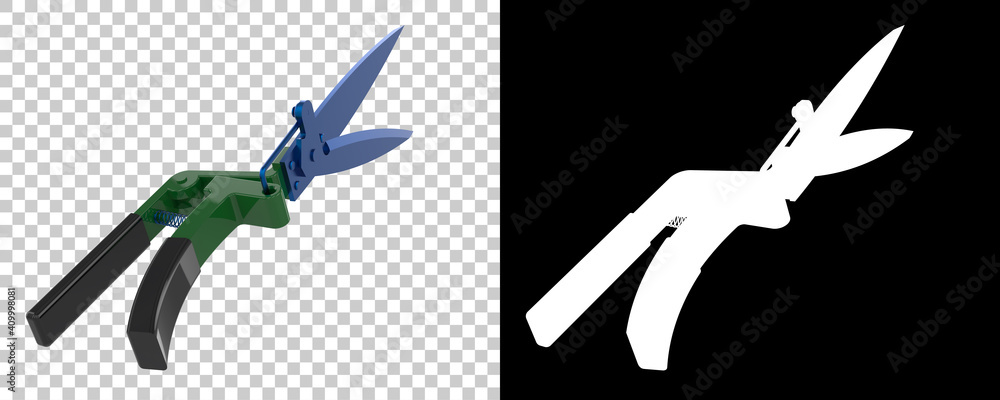 Aufkleber gardening scissors with back three quarter view, isolated on background with mask. 3d rendering - il