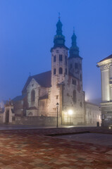 Krakow old town,  St Andrew church on Grodzka street in the foggy night