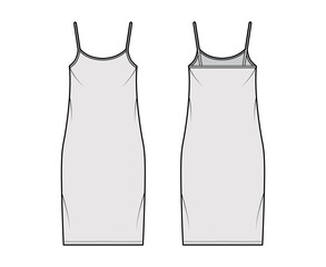 Camisole dress technical fashion illustration with scoop neck, straps, knee length, oversized body, Pencil fullness. Flat apparel template front, back, white, grey color. Women, men, unisex CAD mockup