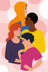 Obraz premium Women of different nationalities and cultures. Friendship, feminist, sisterhood or woman’s day concept. Vector illustration in flat style
