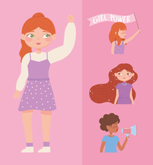 womens day, strong female group portrait cartoon, girl power
