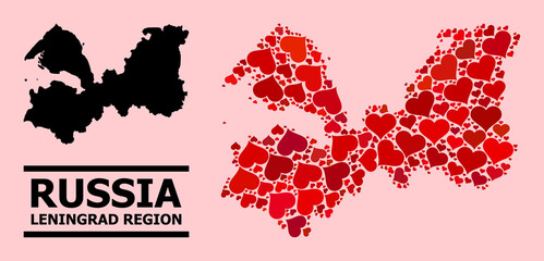 Love collage and solid map of Leningrad Region on a pink background. Collage map of Leningrad Region is formed with red hearts. Vector flat illustration for love conceptual illustrations.