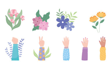 womens day, female hands up with flowers nature decoration