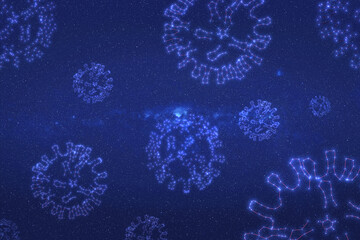 COVID constellations stars on the night sky in space. COVID virus texture on blue bacground. Elements of this illustration were furnished by NASA