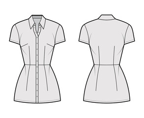 Shirt dress technical fashion illustration with classic regular collar, mini length, fitted body, Pencil fullness, button up. Flat apparel template front, back, grey color. Women men unisex CAD mockup