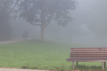 Obraz na płótnie Canvas Very foggy day at the city park 