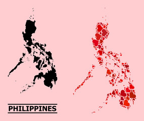 Love mosaic and solid map of Philippines on a pink background. Mosaic map of Philippines is created with red hearts. Vector flat illustration for dating concept illustrations.