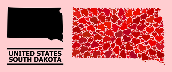 Love mosaic and solid map of South Dakota State on a pink background. Mosaic map of South Dakota State created from red lovely hearts. Vector flat illustration for love concept illustrations.