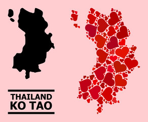 Love collage and solid map of Ko Tao on a pink background. Collage map of Ko Tao created with red valentine hearts. Vector flat illustration for love concept illustrations.